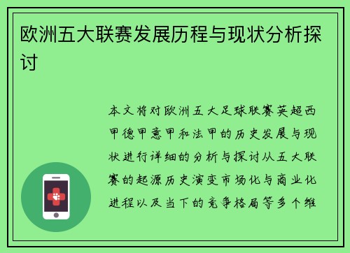 欧洲五大联赛发展历程与现状分析探讨