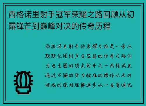 西格诺里射手冠军荣耀之路回顾从初露锋芒到巅峰对决的传奇历程